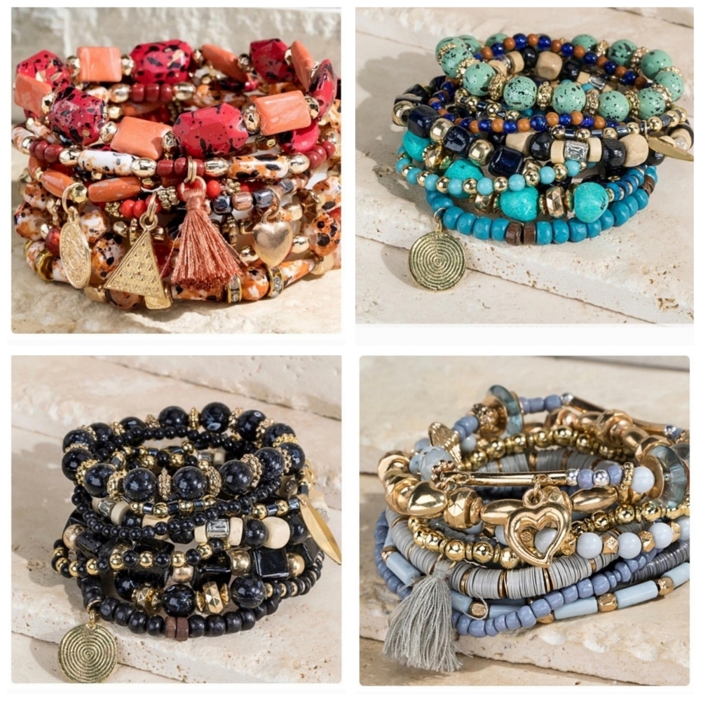 4- MULTI-LAYERED STRETCH BEADED BRACELETS-NEW-Set of 4. - Picture 1 of 7